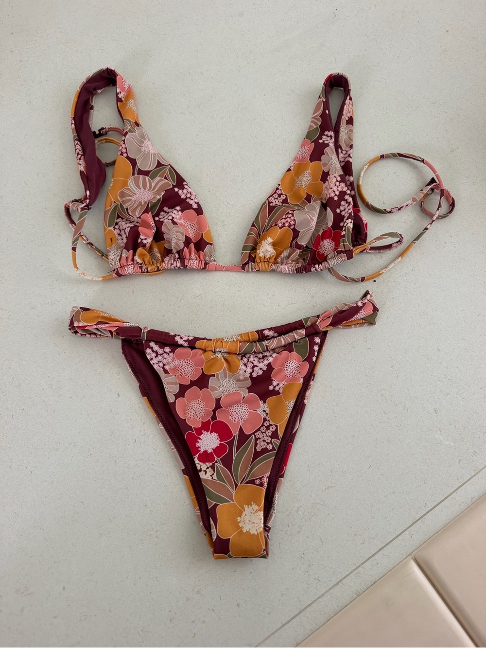 Zara Floral Triangle Bikini in Burgundy, Pink & Mustard